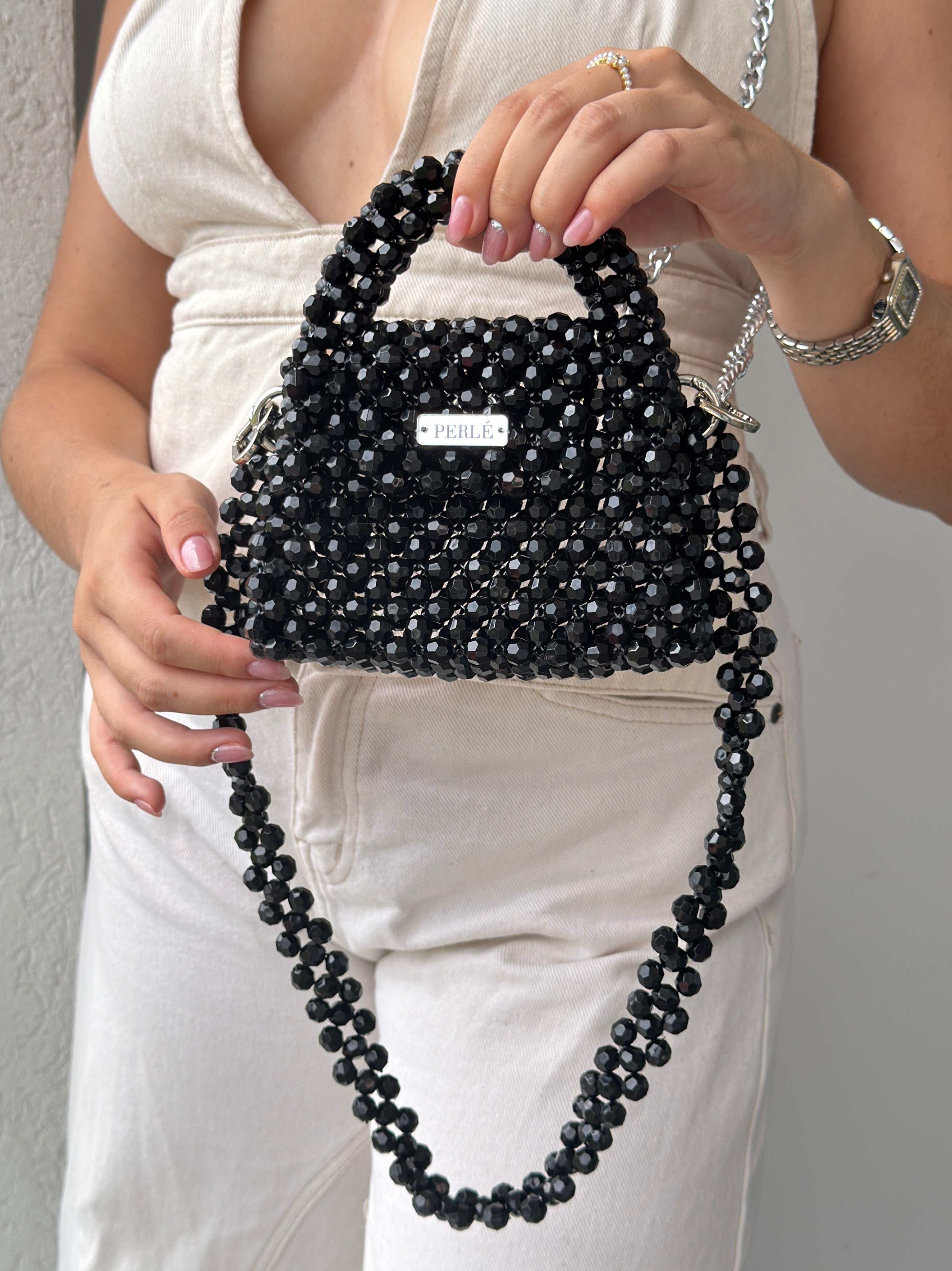 Mini Moon - Bolso de perlas negro